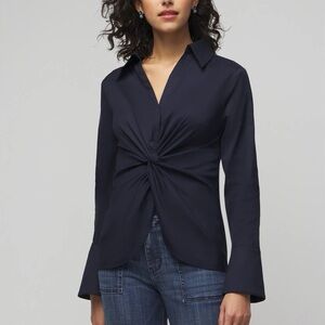 Long Sleeve Twist Poplin Top in Navy WHBM - NWT sz 6